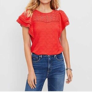 NWT LOFT Eyelet Flutter Sleeve Top Red Size XS Feminine